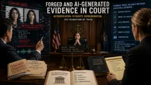Descriptive image showing a collage of forged evidence situtations.