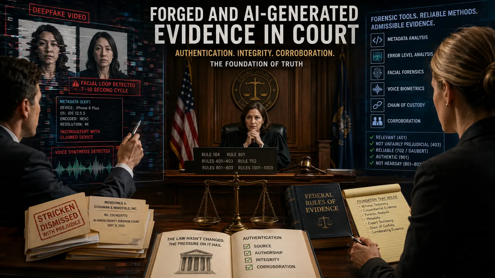 Descriptive image showing a collage of forged evidence situtations.